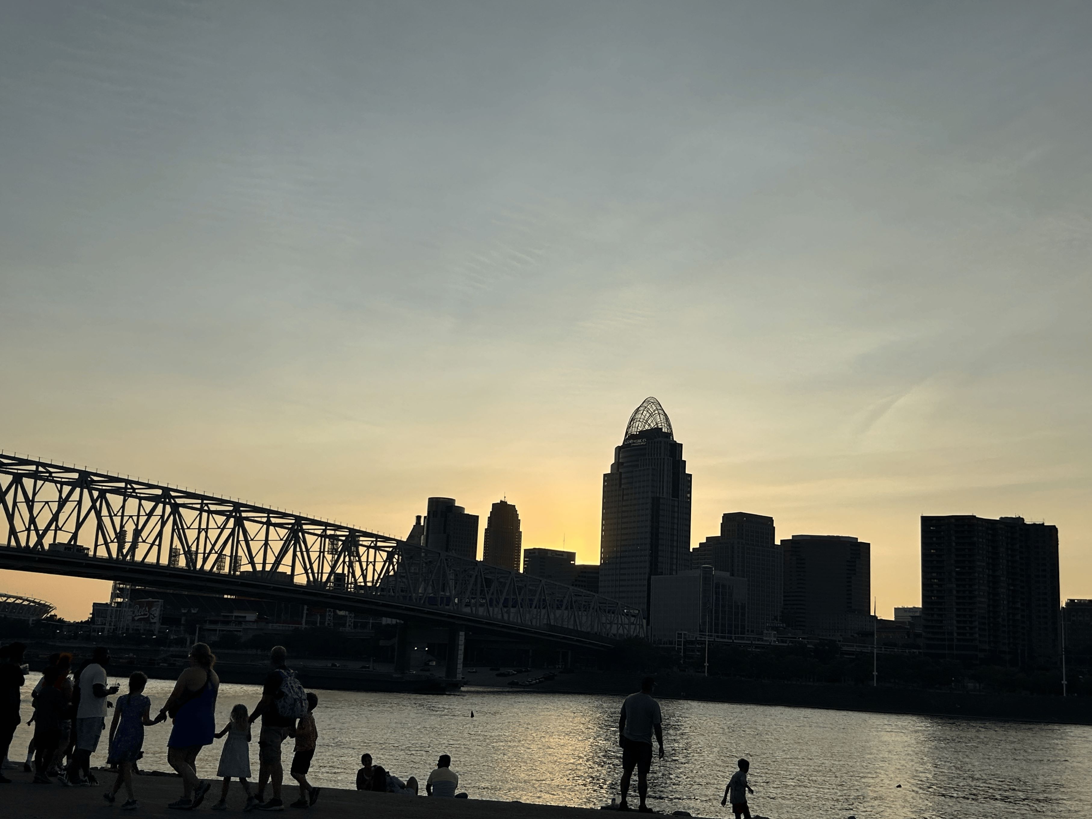 Image of the Cincinnati skyline with the sun setting behind it.
